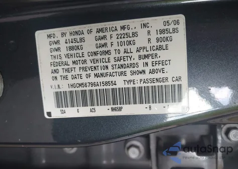 2006 Honda Accord 2.4 Ex from USA, damaged, VIN 1HGCM56796A158554